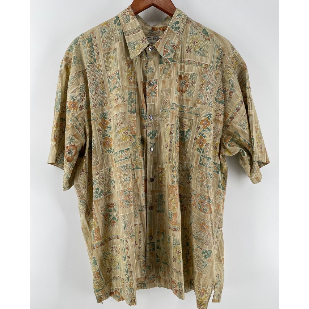 Tori Richard Hawaiian Shirt Mens 2XL Tan 100% Cotton Lawn Floral Patchwork Aloha